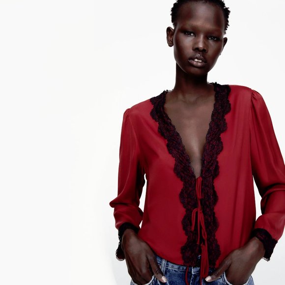 Zara burgundy & black lace-like accent blouse top - Picture 1 of 12